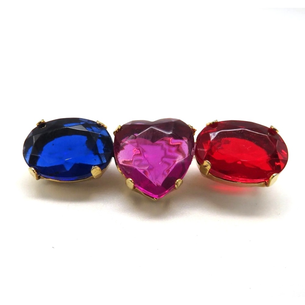 Costume Gold Tone Lucite Stone‎ Brooch Pin Blue Pink Red Heart Oval Rhinestone